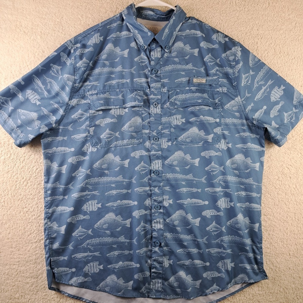 Ocean Coast Mens Fishing Shirt Size L Vented Blue Short Sleeve Ripstop Pockets